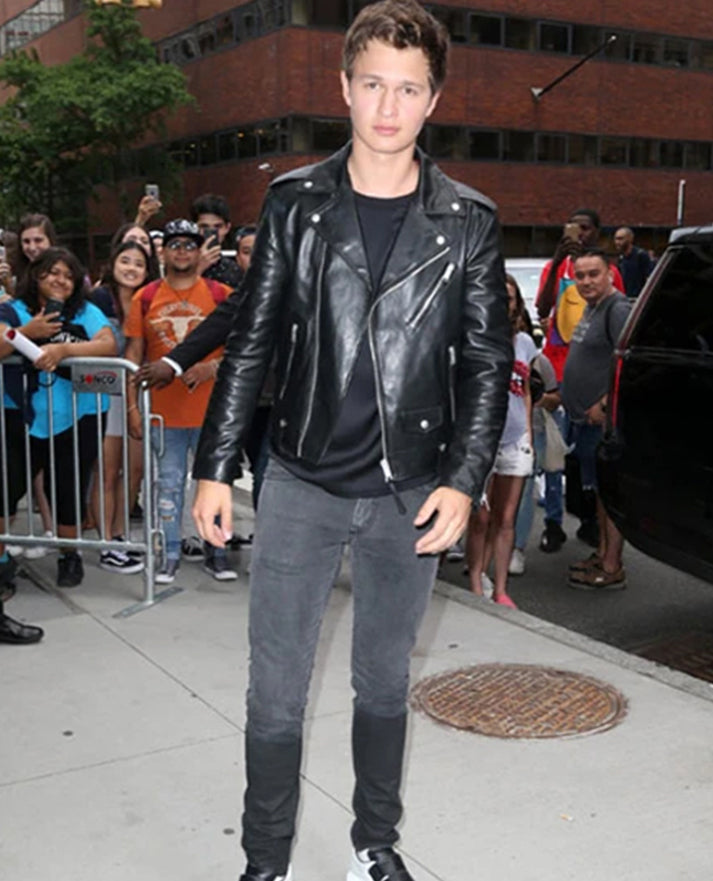 Ansel Elgort Biker Black Leather Jacket
