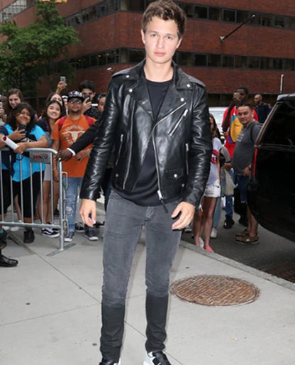 Ansel Elgort Biker Black Leather Jacket