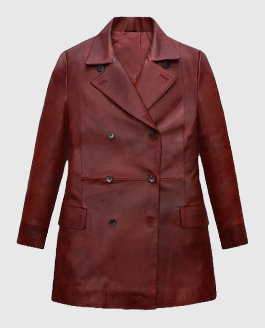 Dakota Johnson Madame Web Leather Spanish Red Trench Coat