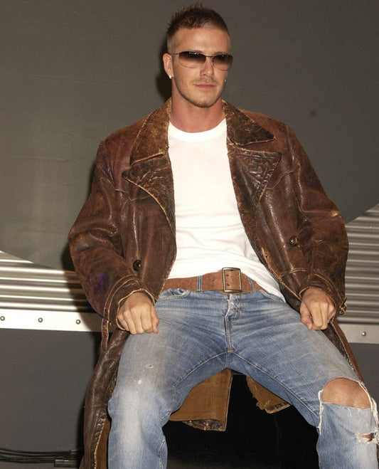 David Beckham Inspired Brown Leather Long Coat