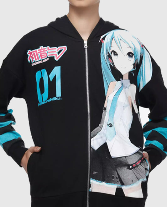Hatsune Miku Jumbo Print Stripe Girls Black and Blue Hoodie