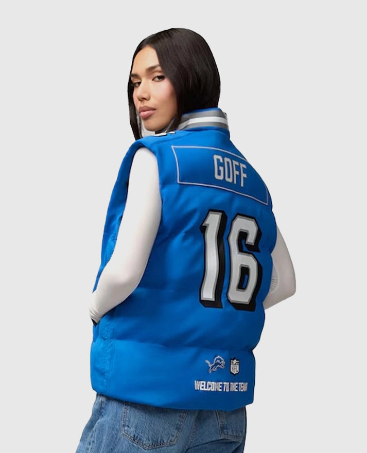 Jared Goff Detroit Lions Off Season Player Puffer Blue Vest