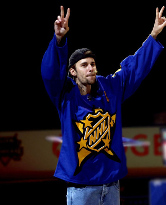 Justin Bieber wearing NHL All-Star Jersey