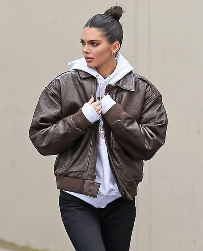 Kendall Jenner Brown Bomber Leather Jacket