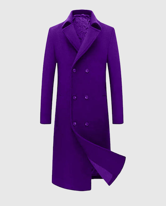 Stand out in the men’s purple trench coat with double-breasted buttons, lapel collar, full sleeves, and side waist pockets. Bold and refined. Free shipping.