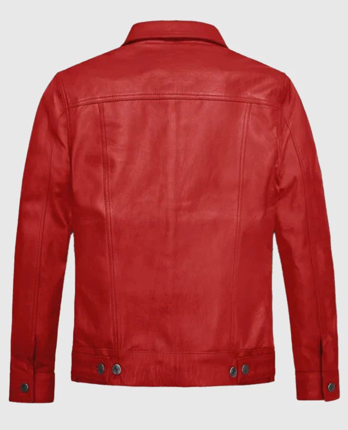 Men's Red Leather Trucker Jacket