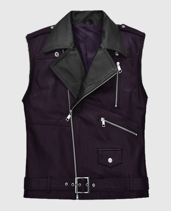 Men’s Two-Tone Purple and Black Biker Leather Vest