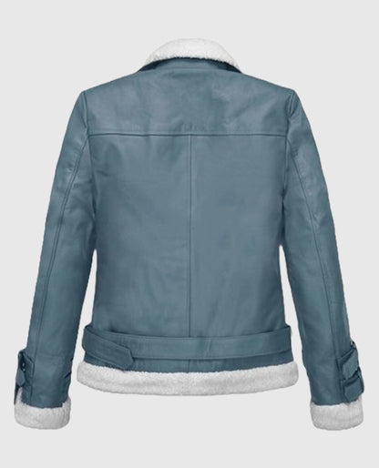 Rita Ora Bon Blue Shearling Biker Blue Leather Jacket