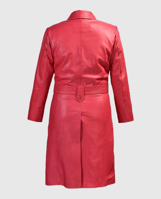 Rita Ora Raspberry Red Leather Long Coat