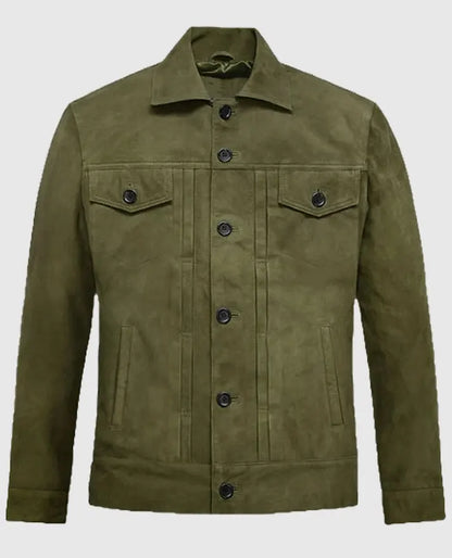 Ryan Reynold Green Suede Leather Trucker Jacket