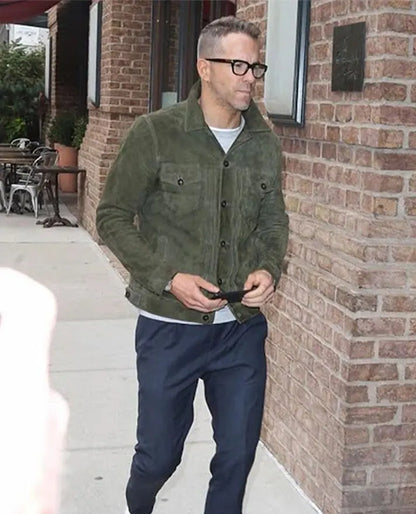 Ryan Reynold Green Suede Trucker Jacket