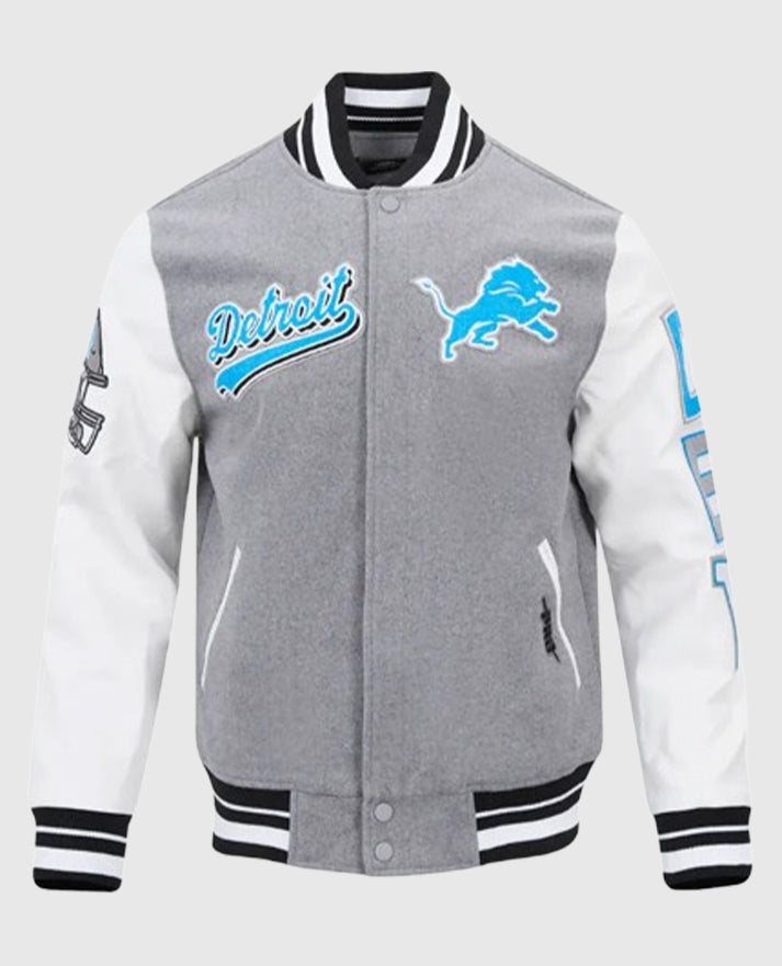 Script Tail Detroit Lions Classic Rib Grey and White Varsity Jacket