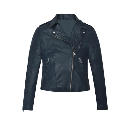 Women's Blue Washed & Wax Biker Leather Jacket