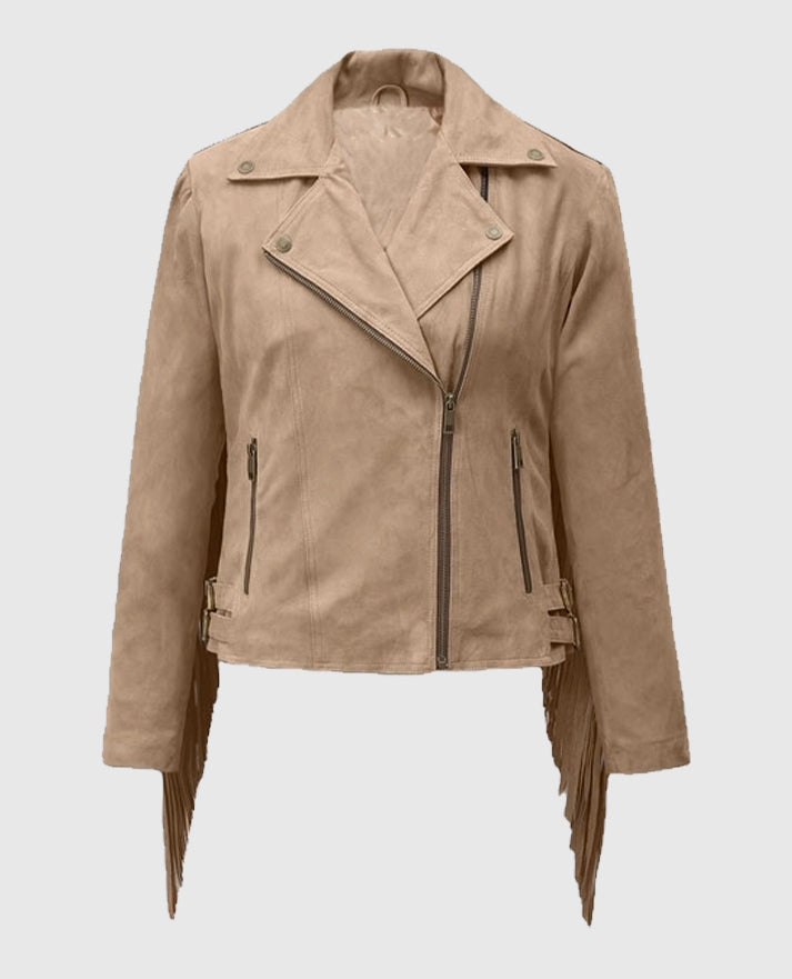 Women’s Dusty Beige Suede Leather Fringes Jacket