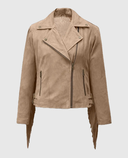 Women’s Dusty Beige Suede Leather Fringes Jacket