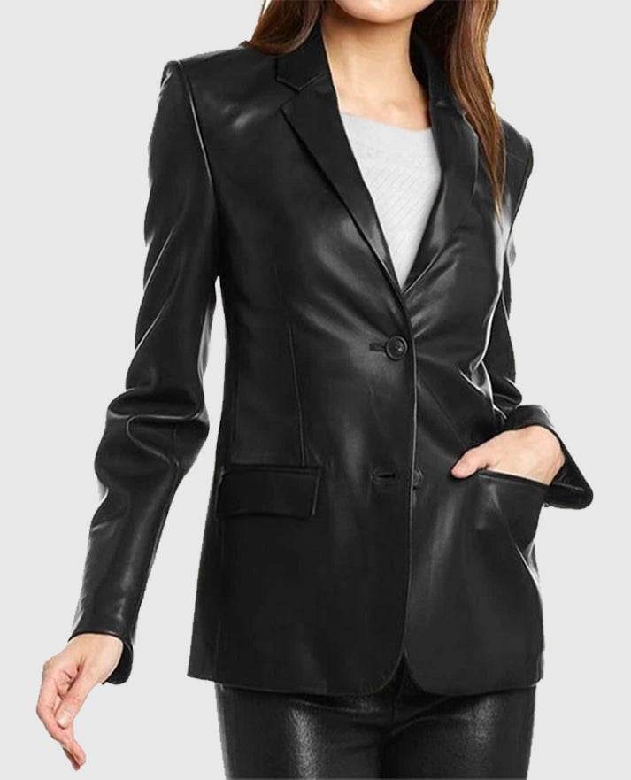 Women's 2 Button Black Leather Blazer