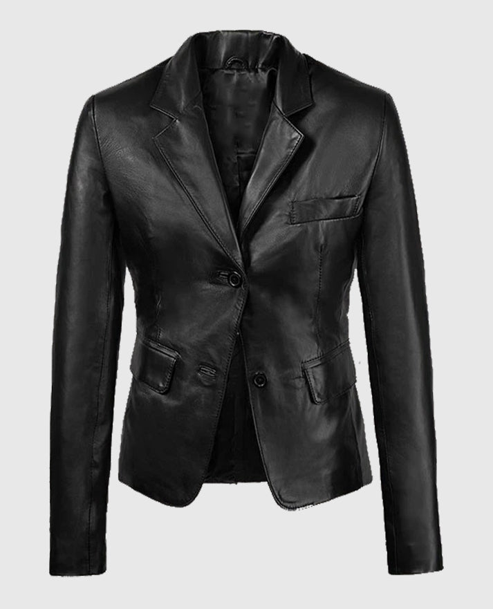 Womens 2 Button Black Leather Casual Blazer
