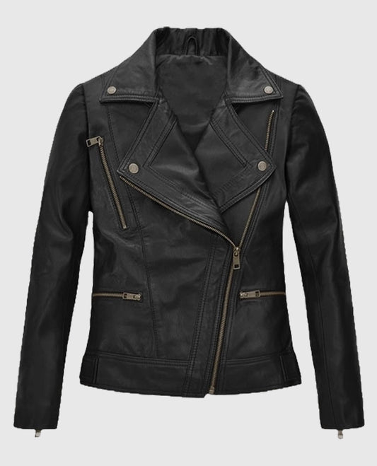 Women's Black Asymmetrical Biker Leather Jacket