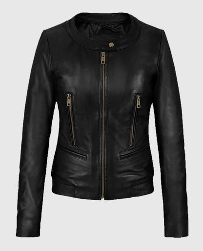 Women's Black Cafe Racer Leather Jacket