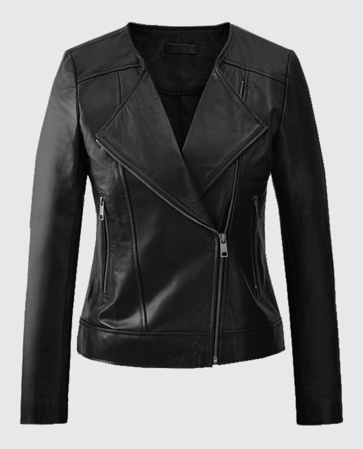 Women’s Black Collarless Leather Biker Jacket
