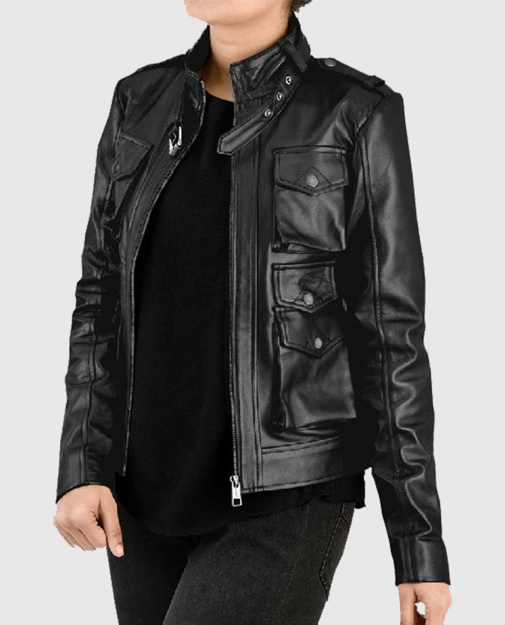 Women's Black Leather Jacket With Multi-Pocket