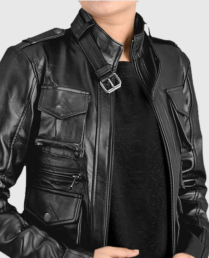Womens Black With Multi-Pocket Leather Jacket 