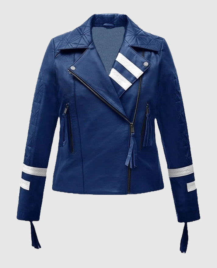 Womens Blue Leather Striped Moto Jacket