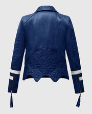 Womens Blue Leather Striped Motorcycle Jacket