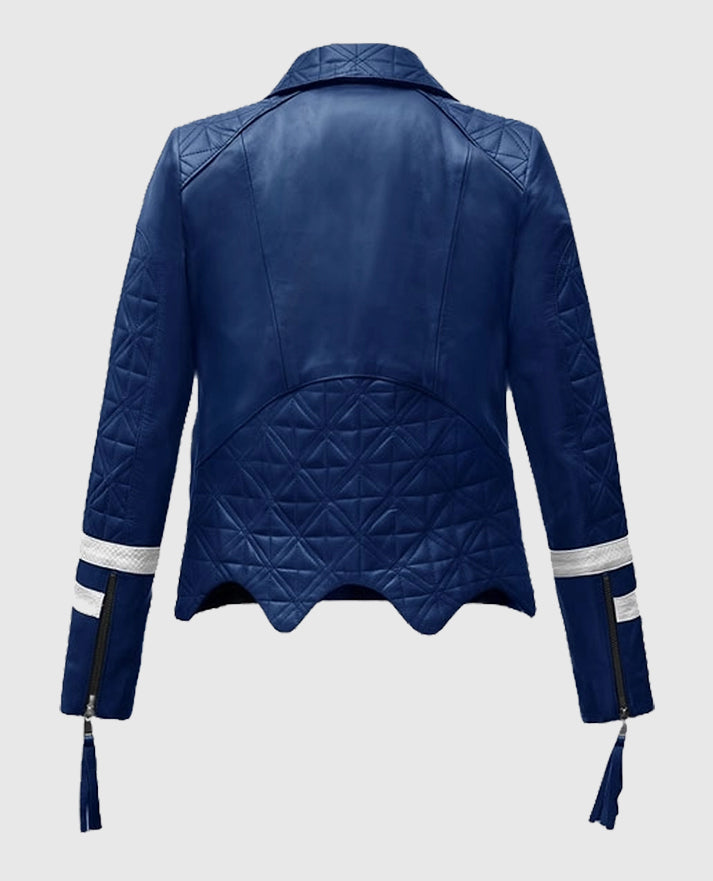 Womens Blue Leather Striped Motorcycle Jacket
