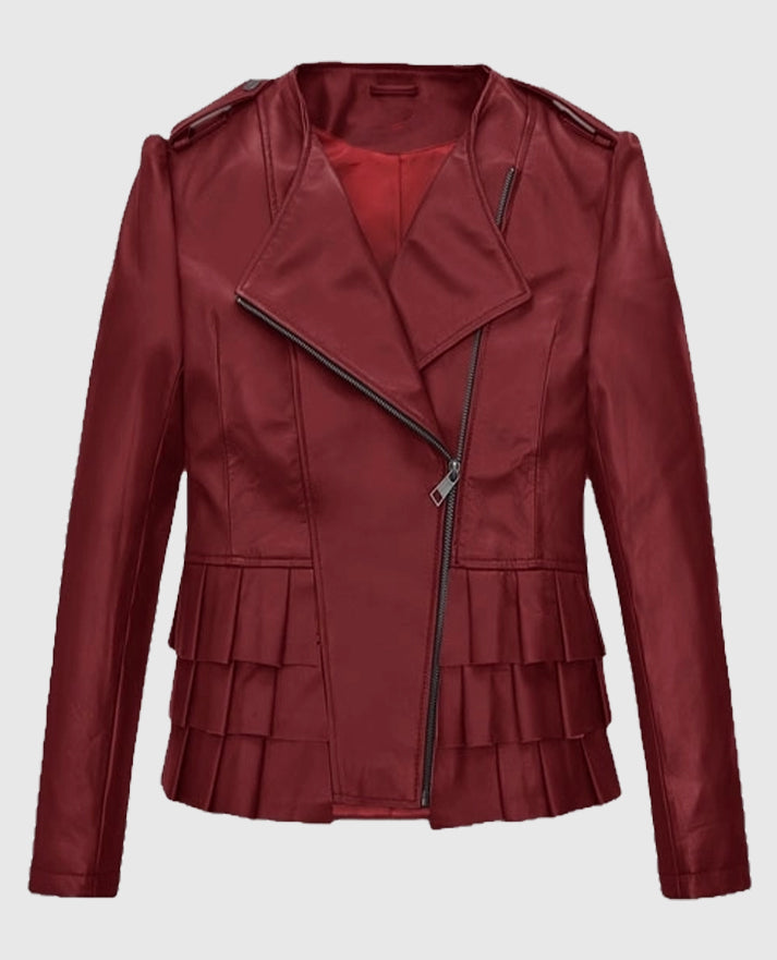 Women’s Cherry Red Peplum Leather Jacket