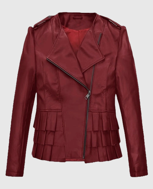 Women’s Cherry Red Peplum Leather Jacket