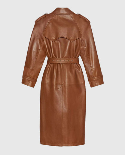 Women's Double-Breasted Ivy Brown Leather Long Coat