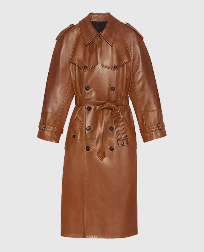Women's Double-Breasted Ivy Leather Long Coat