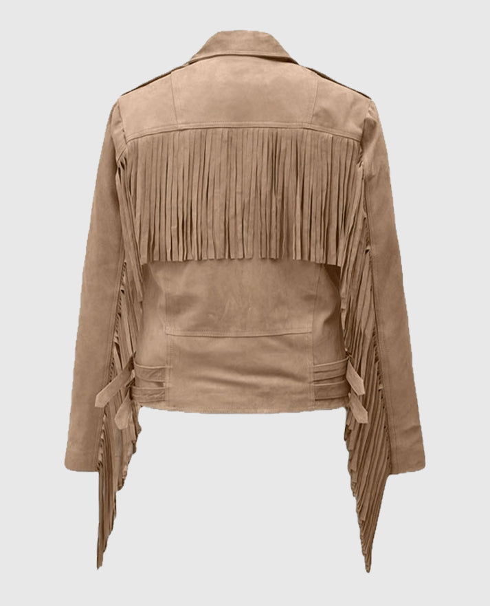 Women's Dusty Beige Suede Leather Fringes Jacket - second image