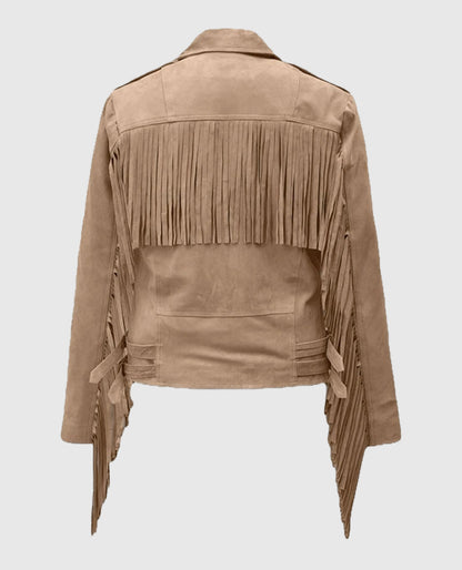 Womens Dusty Beige Suede Leather Fringes Jacket