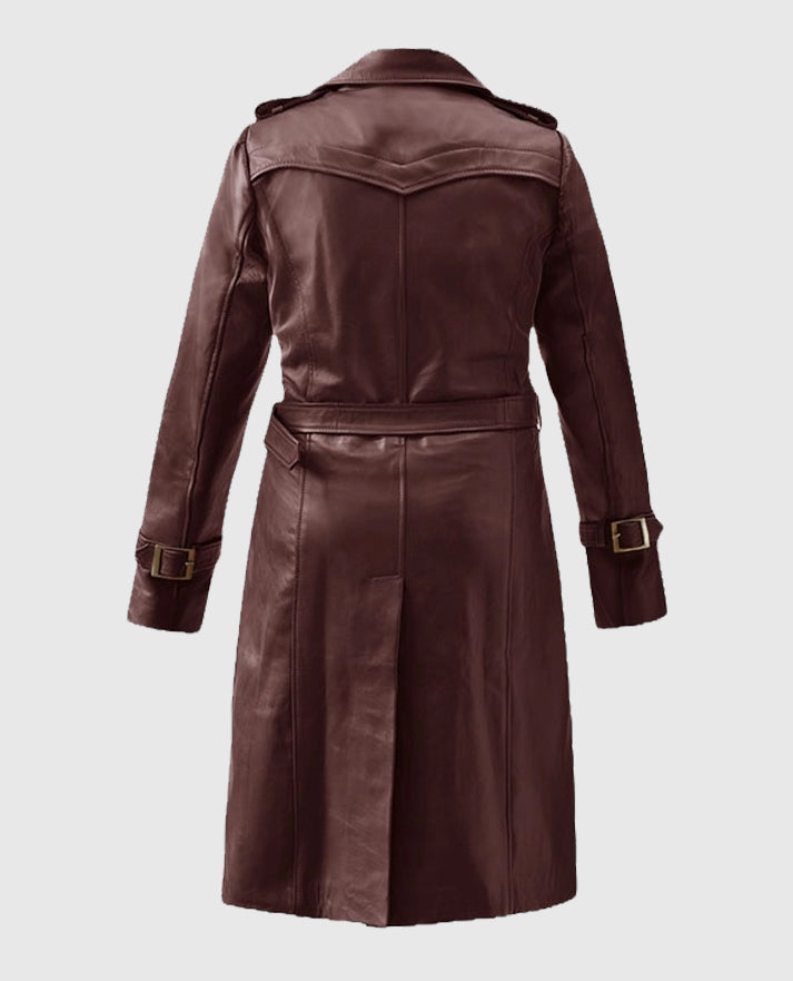 Women's Maroon Leather Wax Halcon Trench Coat
