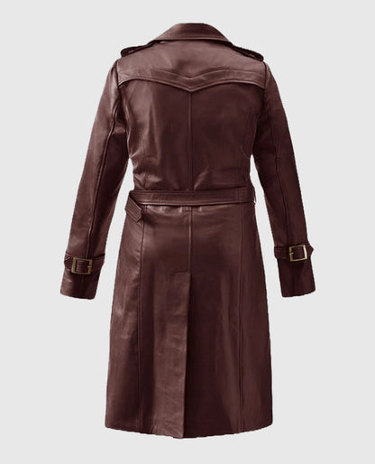Women's Maroon Leather Wax Halcon Trench Coat