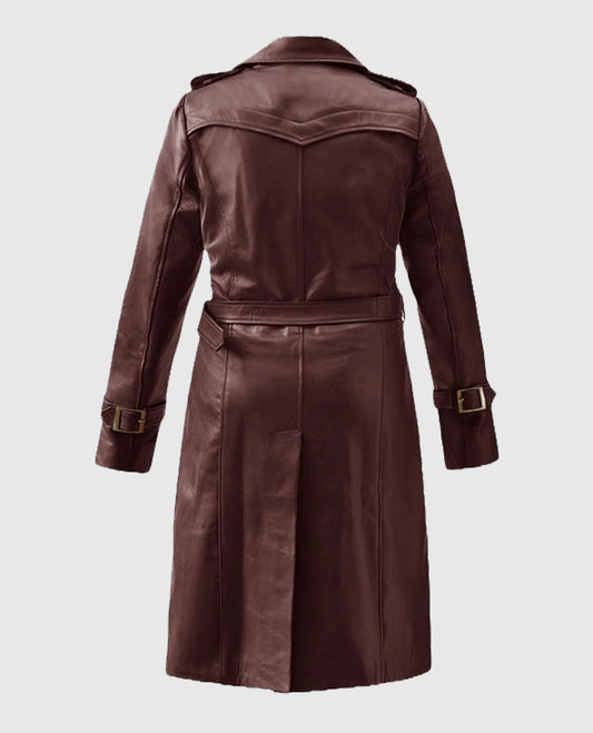 Women's Maroon Leather Wax Halcon Trench Coat