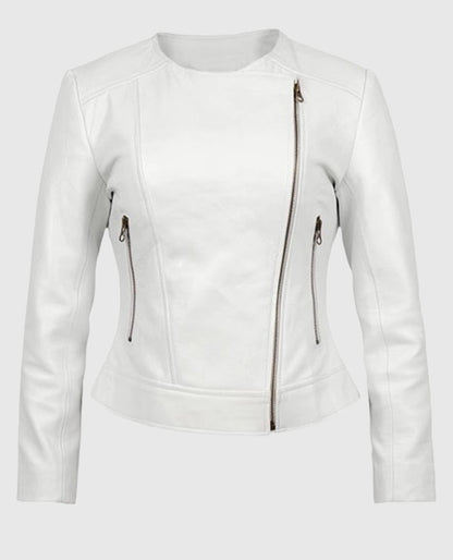 Women’s Round Neck White Biker Leather Jacket