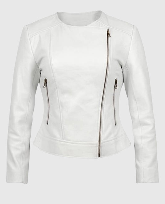 Women’s Round Neck White Biker Leather Jacket