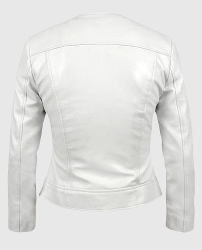 Women's Round Neck White Biker White Leather Jacket
