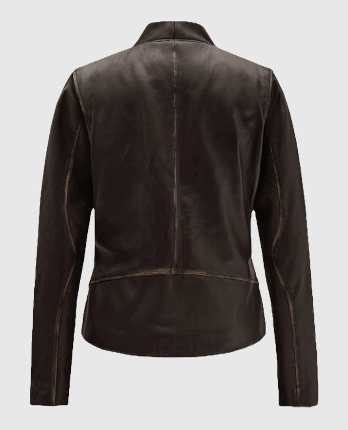 Womens Rubbed Brown Leather Biker Jacket