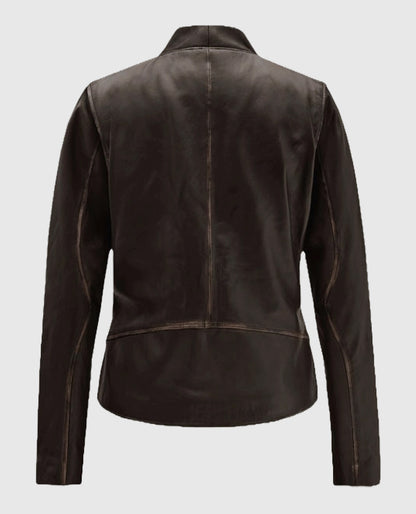 Womens Rubbed Brown Leather Biker Jacket