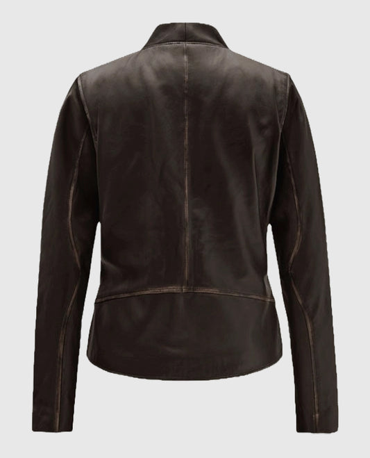 Womens Rubbed Brown Leather Biker Jacket