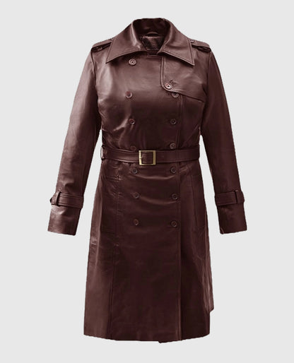 Women's Soft Maroon Leather Wax Halcon Trench Coat