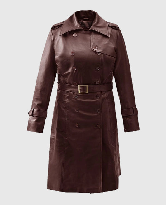 Women's Soft Maroon Leather Wax Halcon Trench Coat
