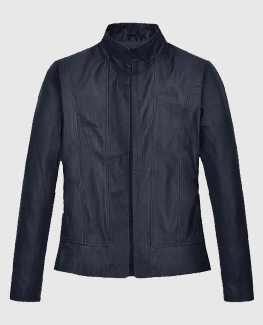 Women's Stand-Up Collar Black Leather Jacket