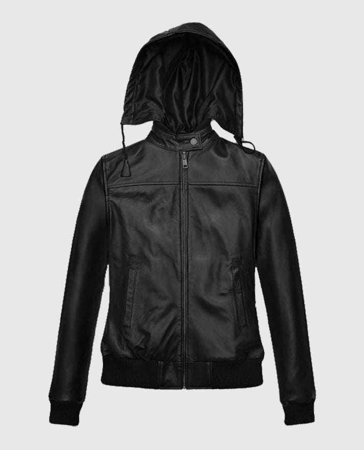 Women's Symphony Black Detachable Hood Leather Jacket