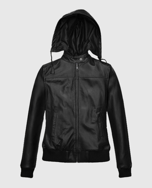 Women's Symphony Black Detachable Hood Leather Jacket