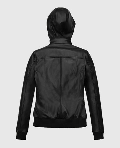 Women's Symphony Detachable Hood Black Leather Jacket